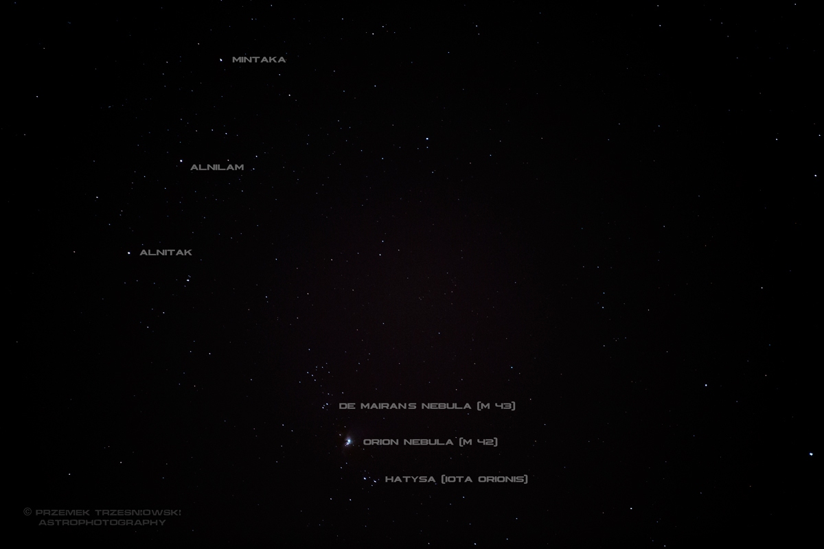 Pas i miecz gwiazdozbioru Oriona: Alnitak, Alnilam, Mintaka, mgławice De Mairana, Oriona i Hatysa (fot: P.A. Trześniowski 2023)