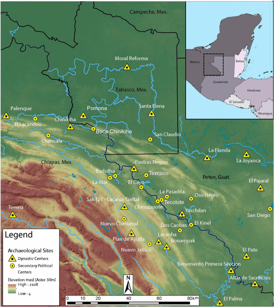 Lacanja Tzeltal pośród innych stanowisk archeologicznych w regionie Usumacinta, Chiapas, Meksyk